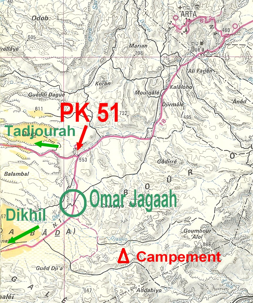 Carte géographique indiquant le chemin pour aller à Djalelo